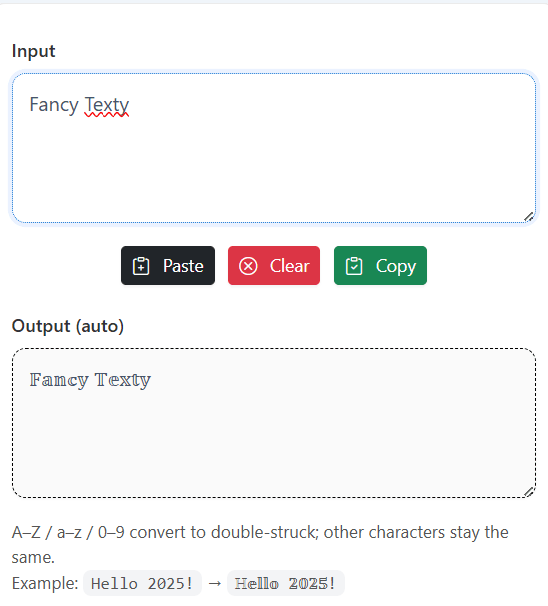 Double Struck Text Generator infographic with labeled steps
