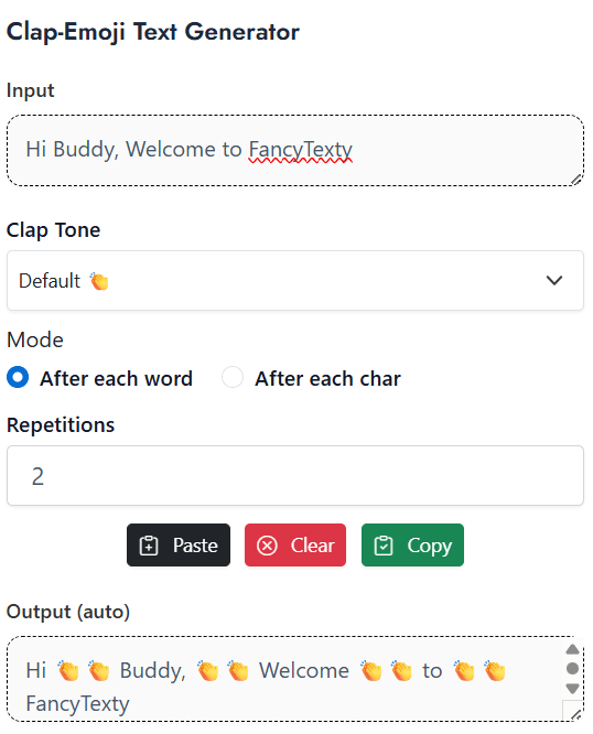 Clap-Emoji Text Generator clean hero interface and bold banner.