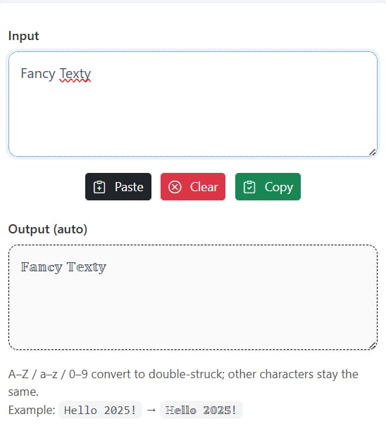 Double Struck Text Generator infographic with labeled steps